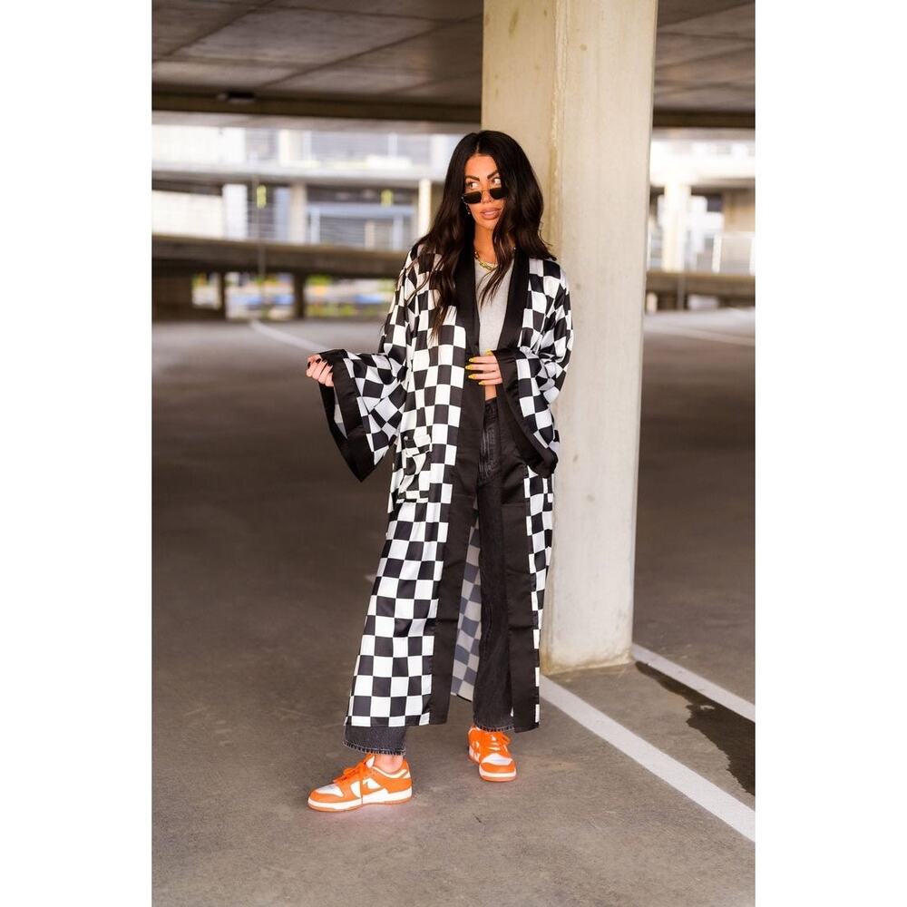 Dressed in LALA Black & White Checkered Long Kimono